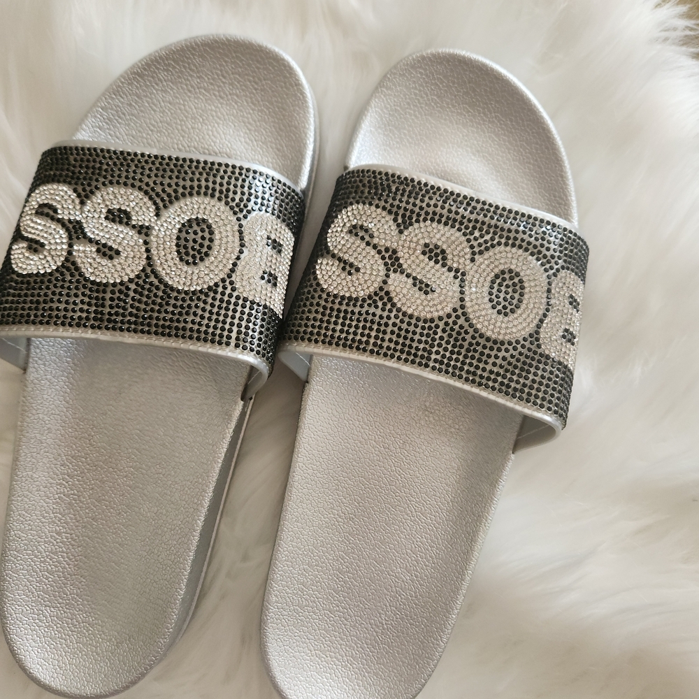 Boss Silver and Black Slide Sandals